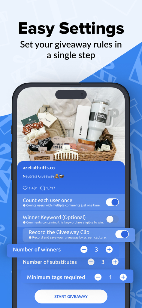 Easy Giveawayアプリのインターフェース。Instagramコンテストの当選者とルールの設定オプションが表示されています。