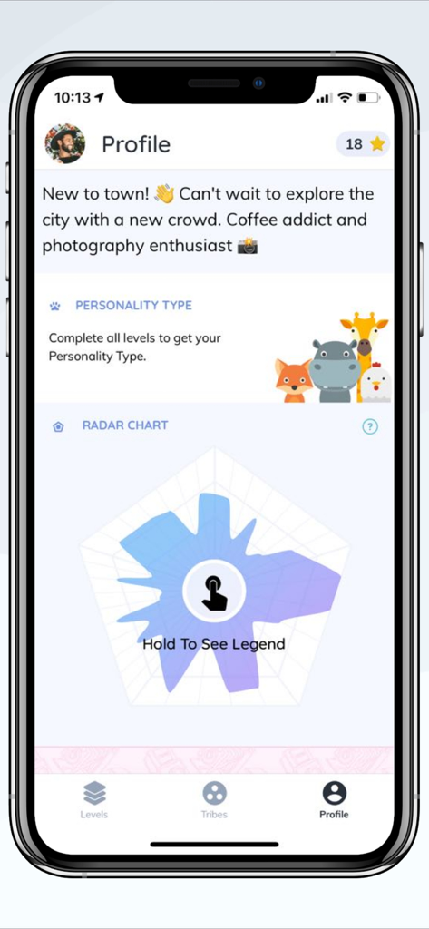 We3: Meet New People in Groups - We3 app user profile screen showing a personal bio and a psychometric radar chart representing personality traits.