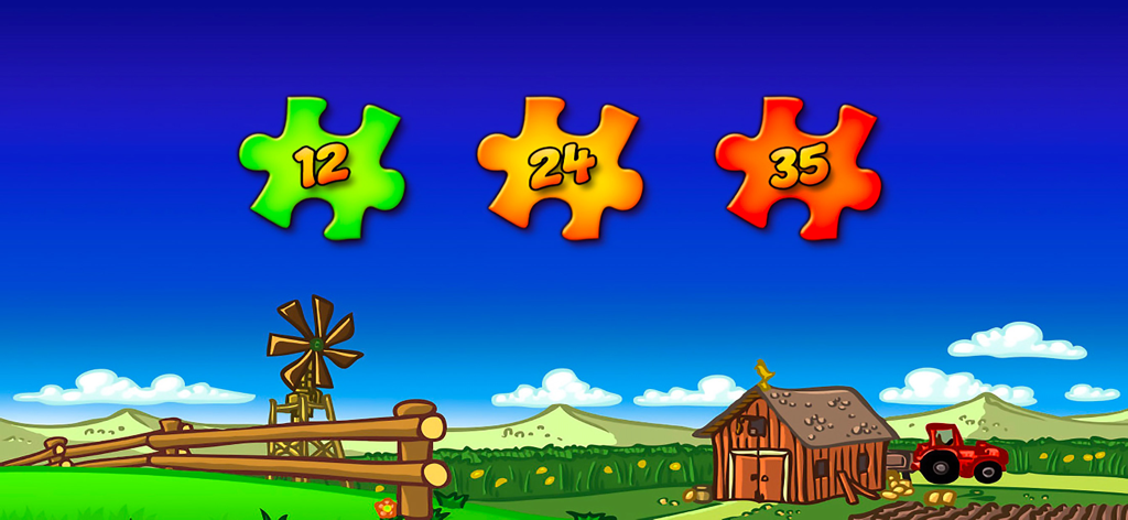 Animal Farm Jigsaw Puzzles - Pantalla de selección de dificultad con opciones de puzzles de 12, 24 y 35 piezas sobre un fondo de granja