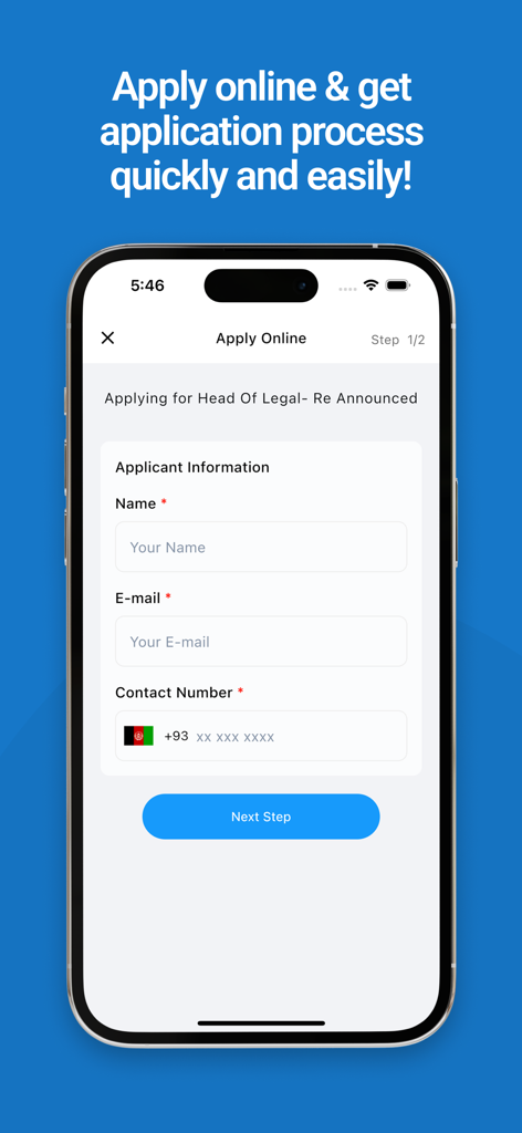 Jobs.af - Jobs.af app interface for submitting an online job application with name and contact details fields