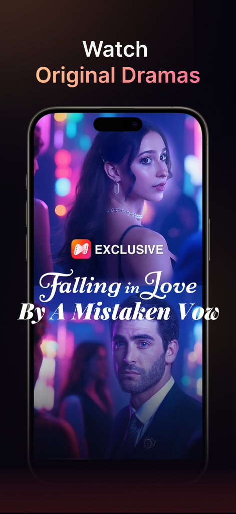 NetShort - Popular Dramas & TV - A smartphone screen displaying the NetShort app interface for an exclusive original romantic drama titled Falling in Love By A Mistaken Vow.