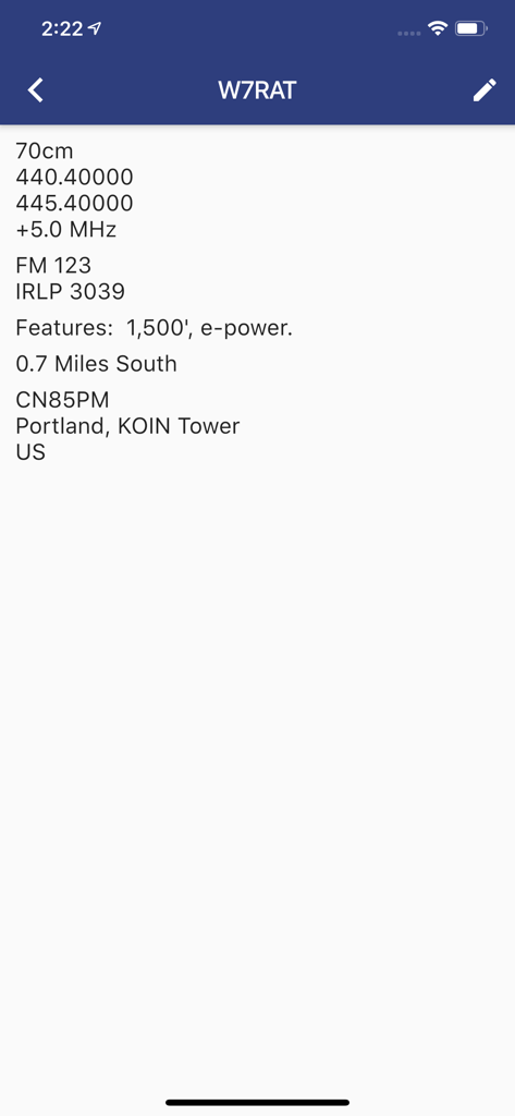 RepeaterBook - Technical specifications for a ham radio repeater including frequency and location details in the RepeaterBook app
