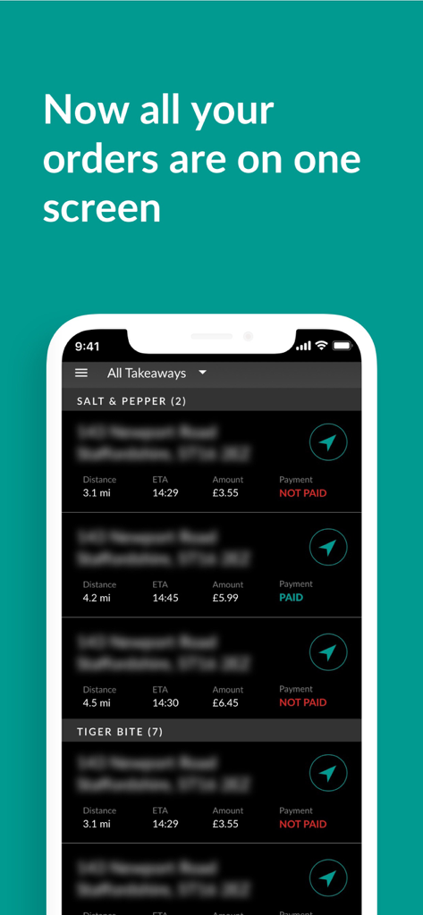 Drive2Success app interface showing a list of delivery orders with details like ETA and payment status