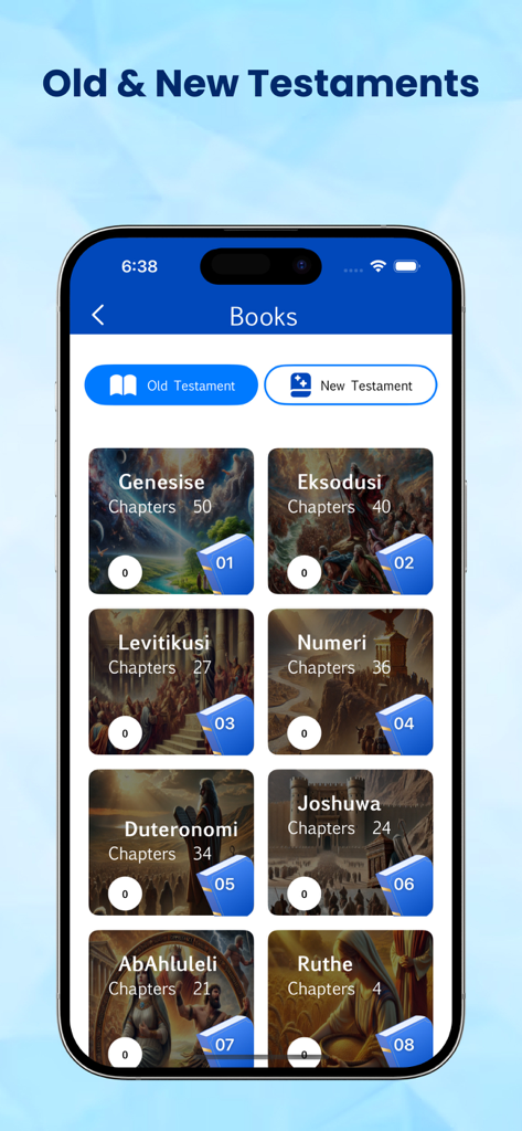 Zulu Bible - Zulu Bible app interface showing a list of Old Testament books with chapter counts.