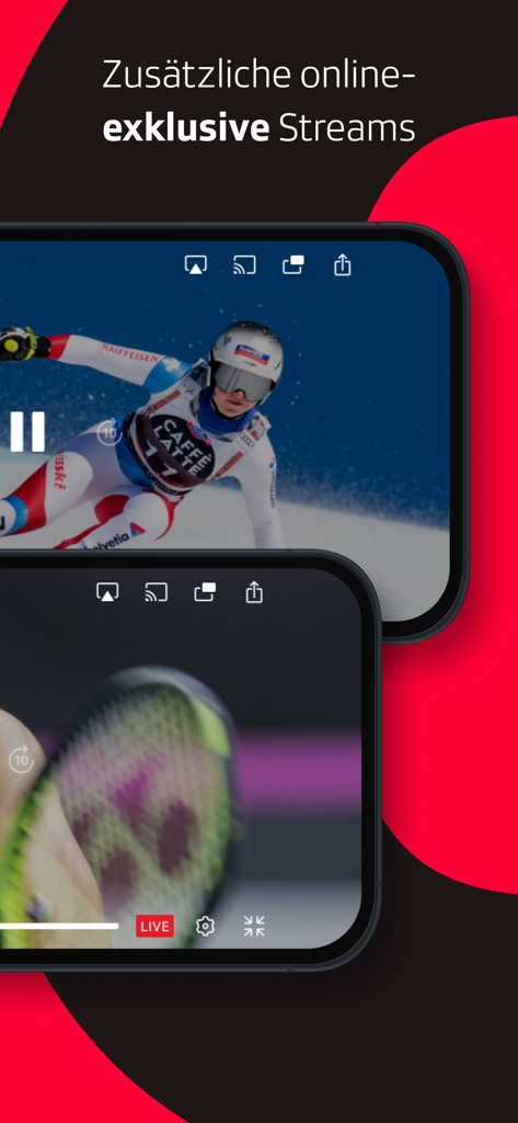 SRF Sport - Live Sport - SRF Sport mobile app interface displaying exclusive online live streams for alpine skiing and tennis