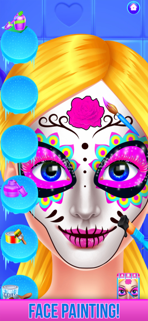 Ice princess with sugar skull face paint and salon tools