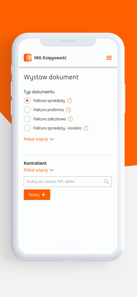 Interfaz de la aplicación móvil ING Office para crear una nueva factura de venta y seleccionar tipos de documentos