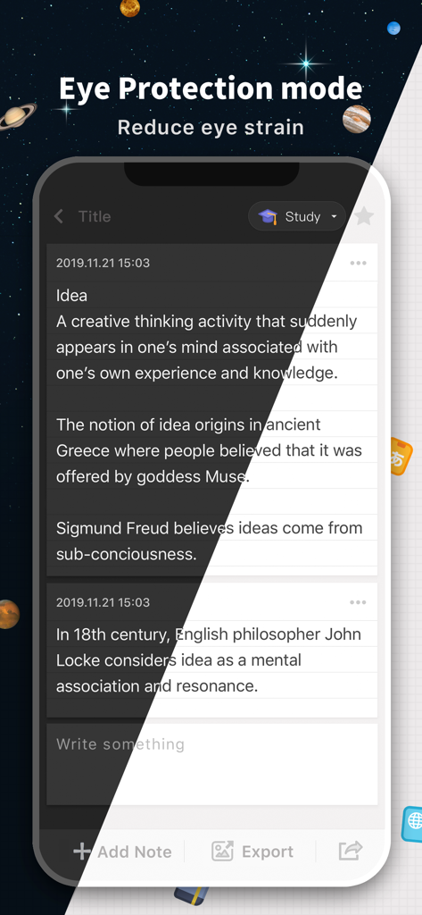 iNote app interface showing a comparison between light and dark Eye Protection mode for reading notes
