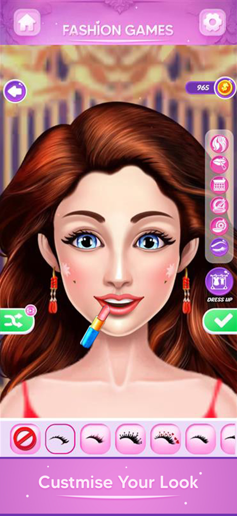 Fashion Games-Makeup, Dress Up - Un personaje recibiendo una transformación de maquillaje con aplicación de lápiz labial y opciones de personalización de pestañas en un juego de moda.