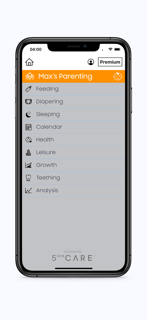 ChillaxCare - ChillaxCare app interface showing baby tracking categories like feeding diapering and sleeping