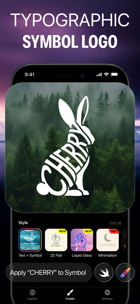 AI Logo Maker Brand Generator - Uma tela de iPhone mostrando o aplicativo AI Logo Maker gerando um logotipo tipográfico de coelho com a palavra CHERRY.