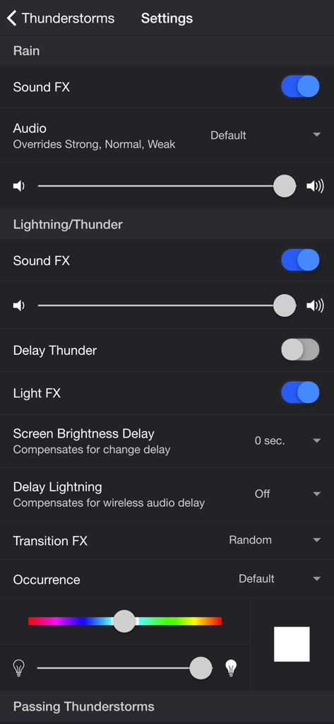 Thunderstorm Simulator - Tela de configurações do aplicativo Simulador de Tempestade mostrando opções de personalização de áudio e relâmpagos
