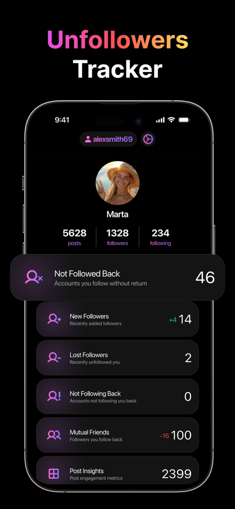 Unfollow Tracker & Reports - 인스타그램 사용자에게 언팔로우 사용자 추적 및 프로필 분석을 보여주는 인터페이스.