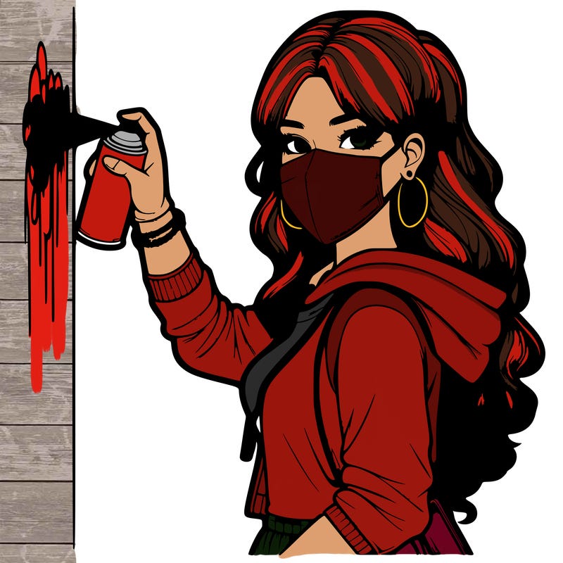 realistic girl with mask spray painting a wall