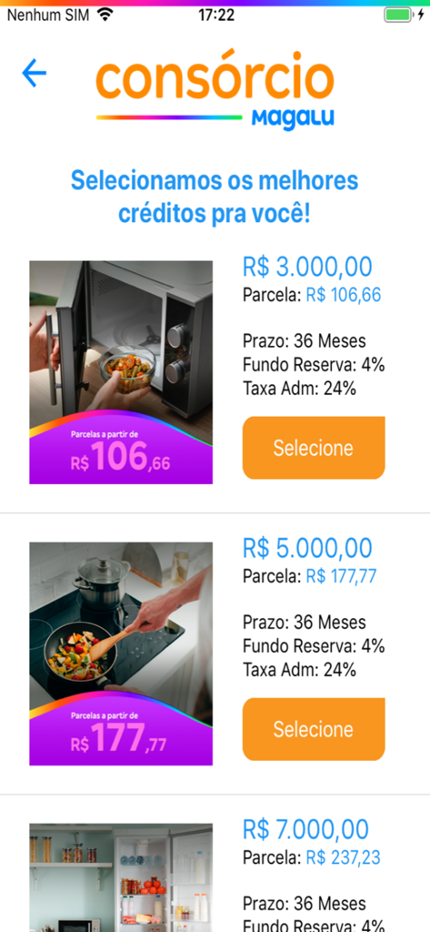 Tela de seleção de crédito do aplicativo móvel Consórcio Magalu mostrando planos de crédito para compra de eletrodomésticos com informações de pagamento mensal