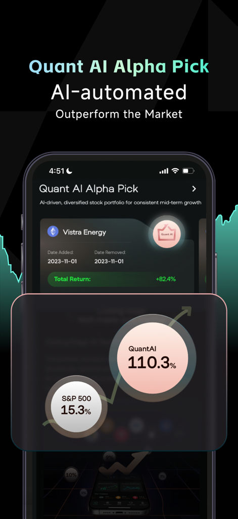 Intellectia: AI Trading Signal - Intellectia Mobile App-Oberfläche mit KI-Alpha-Pick-Renditen im Vergleich zum S&P 500 Index
