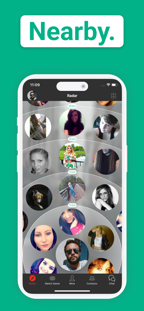 Yoomee app radar interface displaying profile pictures of nearby users at different distance ranges