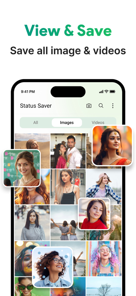 Story saver : Video saver - Interface of the Story Saver app displaying a grid of saved images and videos from WhatsApp statuses