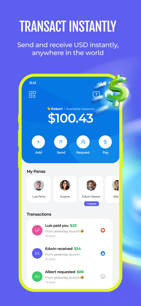 Pana: Global Dollar Account - Pana app dashboard showing account balance and recent money transfers between friends