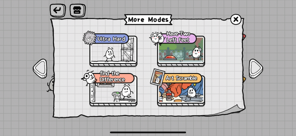 Mr. Egg- Puzzle Master - More Modes selection screen in the Mr. Egg Puzzle Master game showing four different mini game options in a doodle art style.