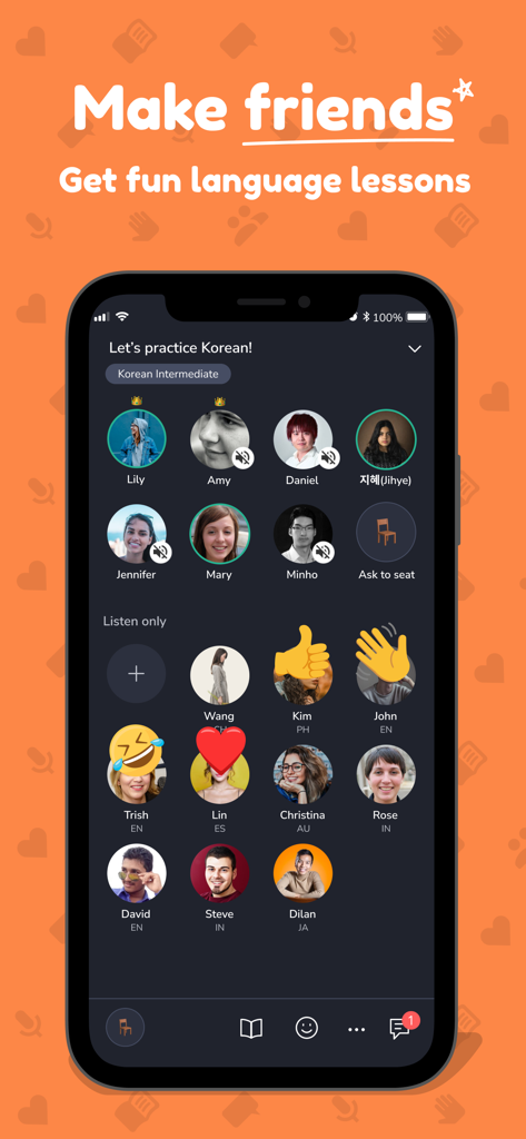 Hilokal: Language Exchange App - Interfaz de la app Hilokal que muestra una sala de chat de audio grupal para practicar coreano con usuarios reales y reacciones con emojis
