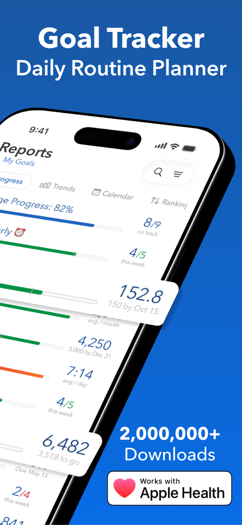 Strides app interface showing daily routine planner and goal progress reports on an iPhone screen.