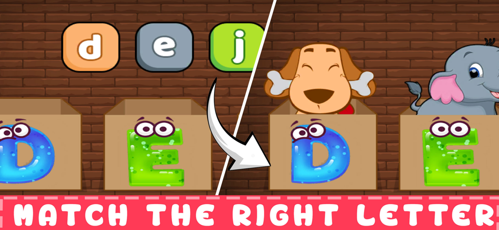 ABC Learn: Tracing & Phonics - ABC Learnアプリの、DやEなどの文字と対応する動物を一致させるゲームを表示する画面