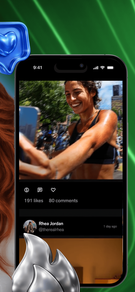 Fanvue:Flow Together - Fanvue mobile app interface showing a user post with a photo of a smiling woman and engagement stats