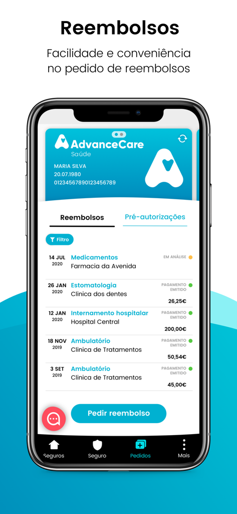 Pantalla de la aplicación móvil myAdvanceCare que muestra las reclamaciones y el estado de los reembolsos del seguro
