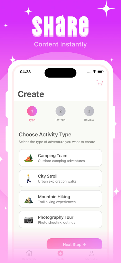 Lida - Connect & Share - Lida app screen for choosing activity types like camping, city stroll, and hiking.