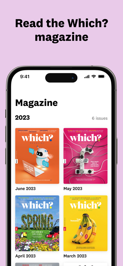 Interface da aplicação Which? mostrando uma coleção de capas de edições de revistas digitais.