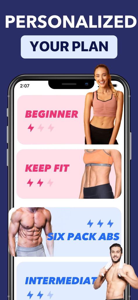 Lose Belly Fat app interface showing personalized workout levels for Beginner, Keep Fit, and Six Pack Abs