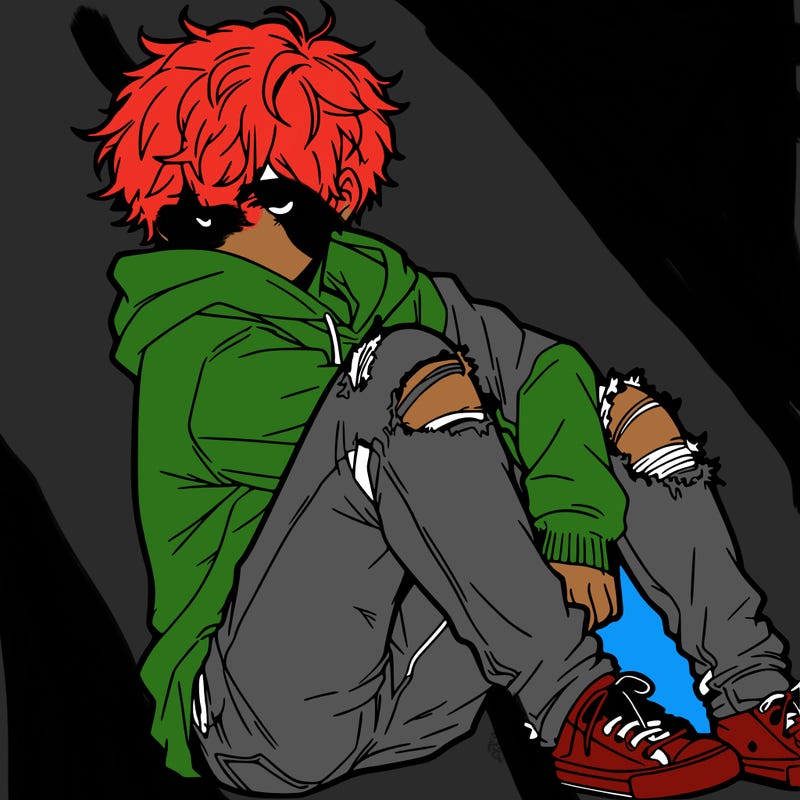 a male hoddie ripped jeans messy hair anime