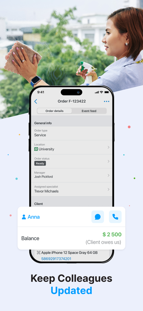 RO.app - Mobile screenshot of RO.app showing order status and client management for field service professionals