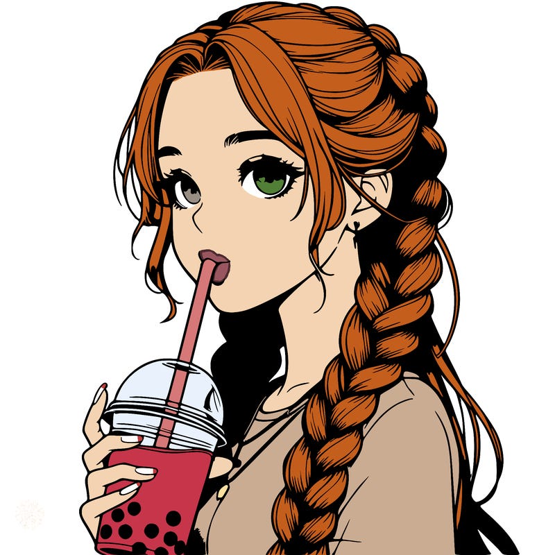 realistic girl with braided hair drinking boba
