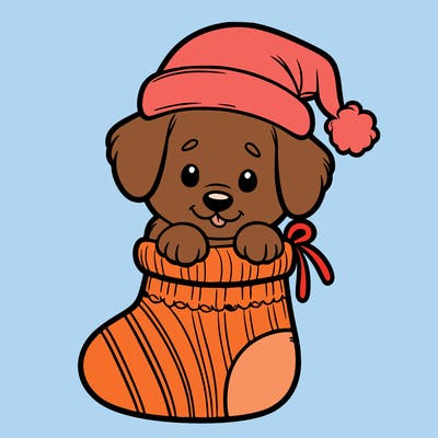 cute puppy wearing santa hat in socking