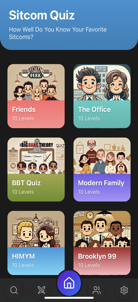 Sitcom QuizUp - Sitcom QuizUp app category selection screen featuring trivia for Friends The Office and more