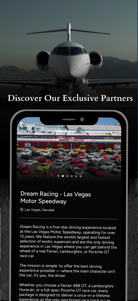 Amalfi Jets - Amalfi Jets mobile app screen displaying exclusive lifestyle partnerships and luxury supercar racing experiences