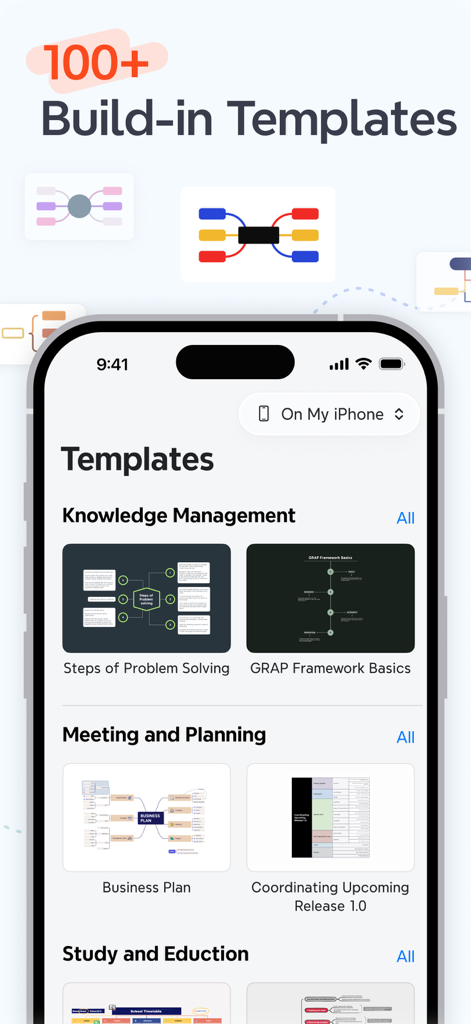 Interfaz de la aplicación móvil Xmind mostrando varias plantillas integradas para mapas mentales y planificación de proyectos.