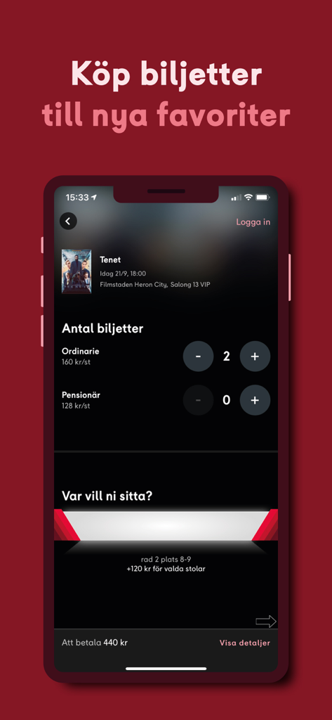 Filmstaden - Filmstaden mobile app interface for selecting cinema tickets and seats for the movie Tenet.
