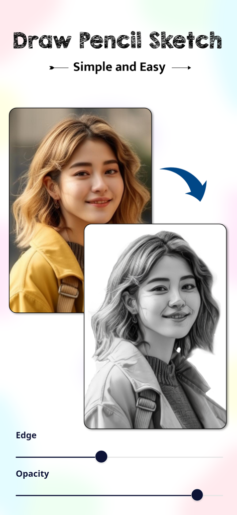 AR Drawing: Sketch with Camera - Interfaz que muestra una foto en color de una mujer siendo convertida en un boceto de lápiz en blanco y negro para trazar
