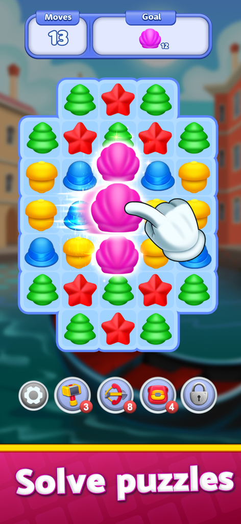 Dream Design:Travel & Decorate - A match-3 puzzle gameplay screen from the Dream Design app featuring colorful game pieces and a scenic travel background