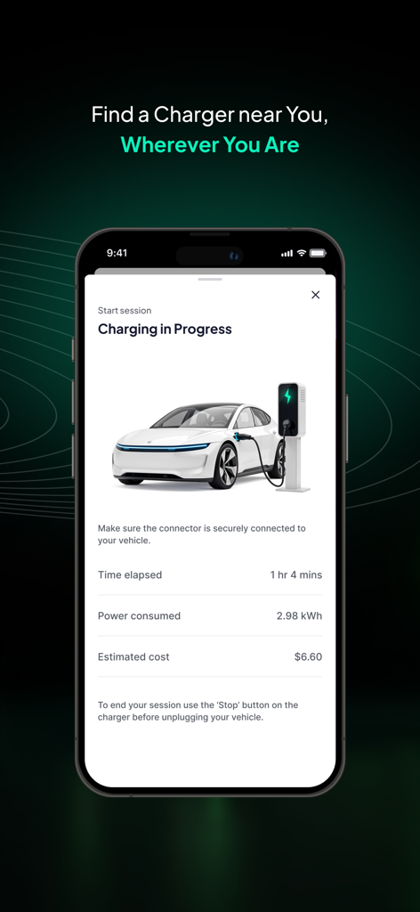 Interface of the Way app showing real-time electric vehicle charging status with power consumption and cost estimation