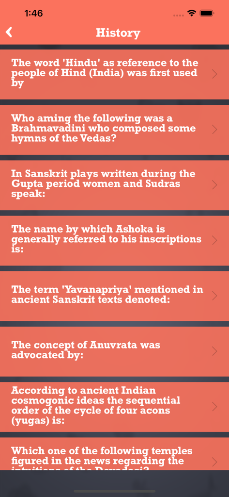 4000+ World General Knowledge - Una pantalla de la aplicación World General Knowledge que muestra una lista de preguntas de cuestionarios de historia