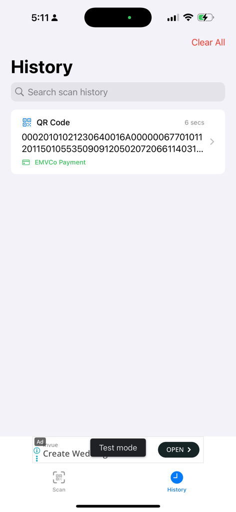 History screen of the QR Code Reader app displaying a saved EMVCo payment scan