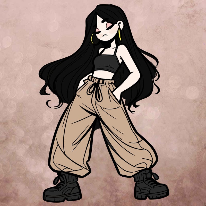 girl in baggy pants crop top and long hair