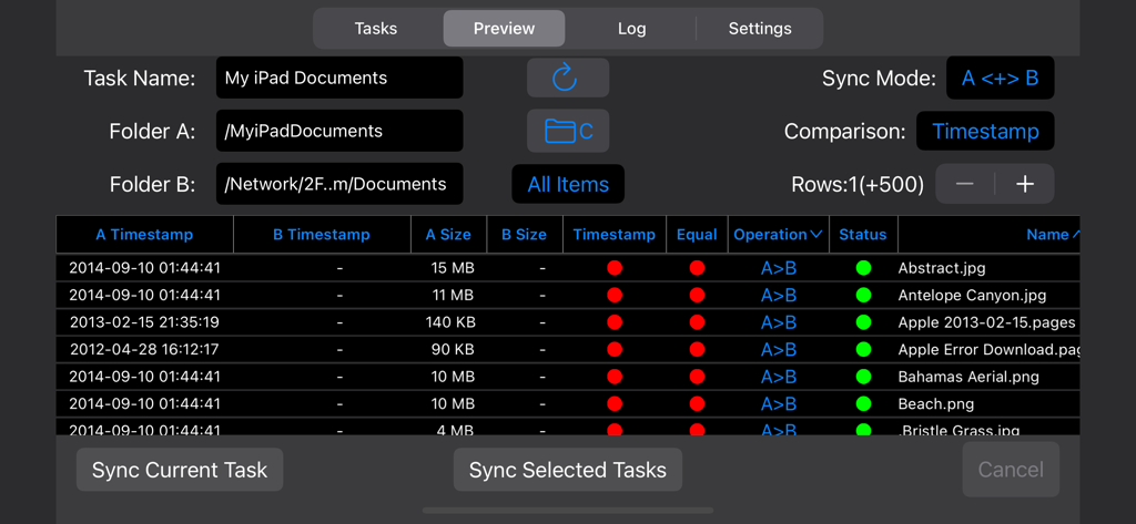 Sync Folders Pro - Sync Folders Pro preview interface showing file synchronization details between an iPad folder and a network storage location