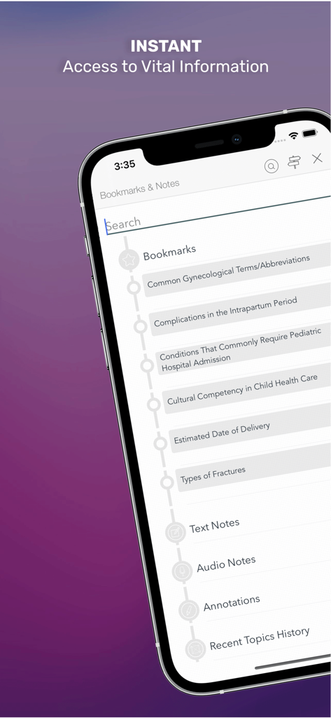 OB/GYN Peds Notes - Pantalla de búsqueda de la aplicación OB GYN Peds Notes que muestra temas clínicos y notas marcados.