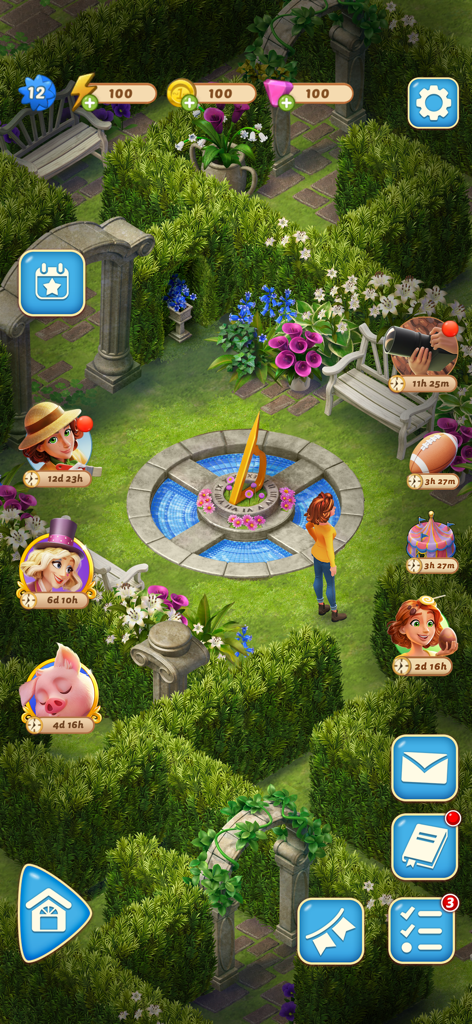 Gameplay screenshot of Merge Mansion showing a character in a lush green garden maze with a central sundial.
