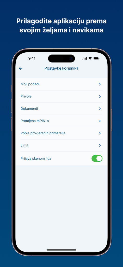 User settings interface of the Erste mBanking app showing profile management and biometric login options.